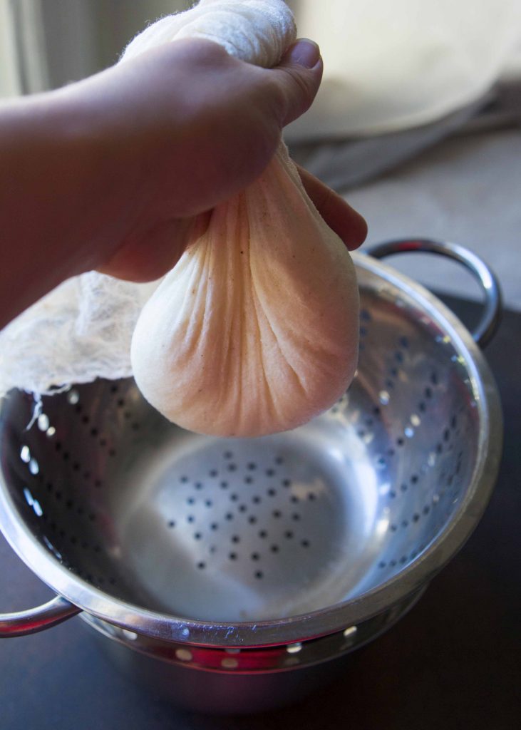 Squeezing whey from homemade whole milk ricotta determines how loose or tight the curds set.