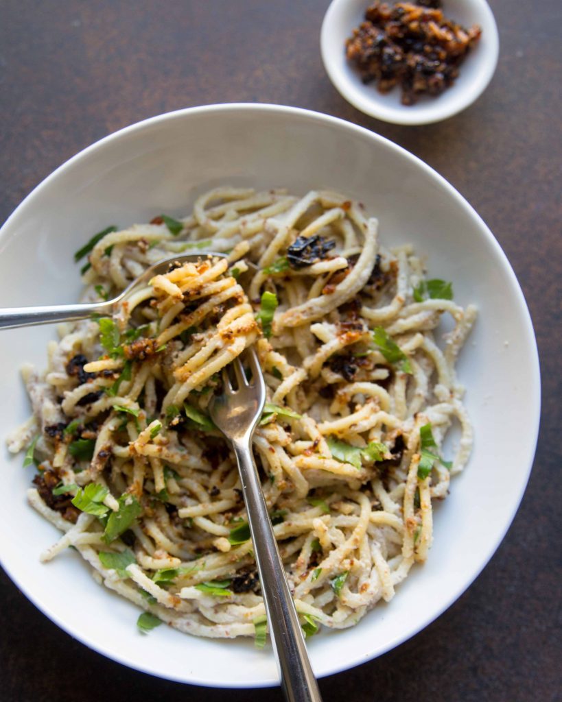 Spaghetti in Almond Cream Sauce with Fiery Cauliflower - eat more meatless